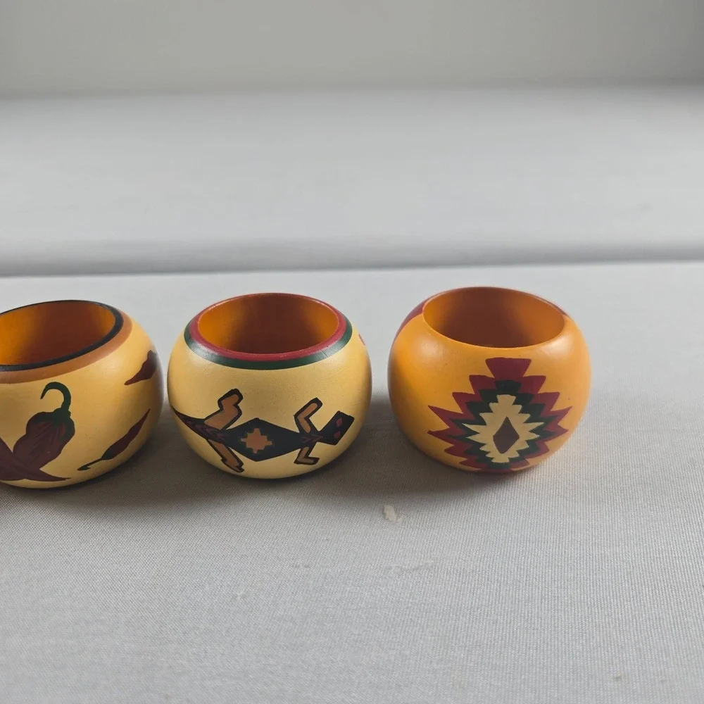 Vintage Hand Painted Wood Napkin Rings Set of 6 India Southwestern Folk Art